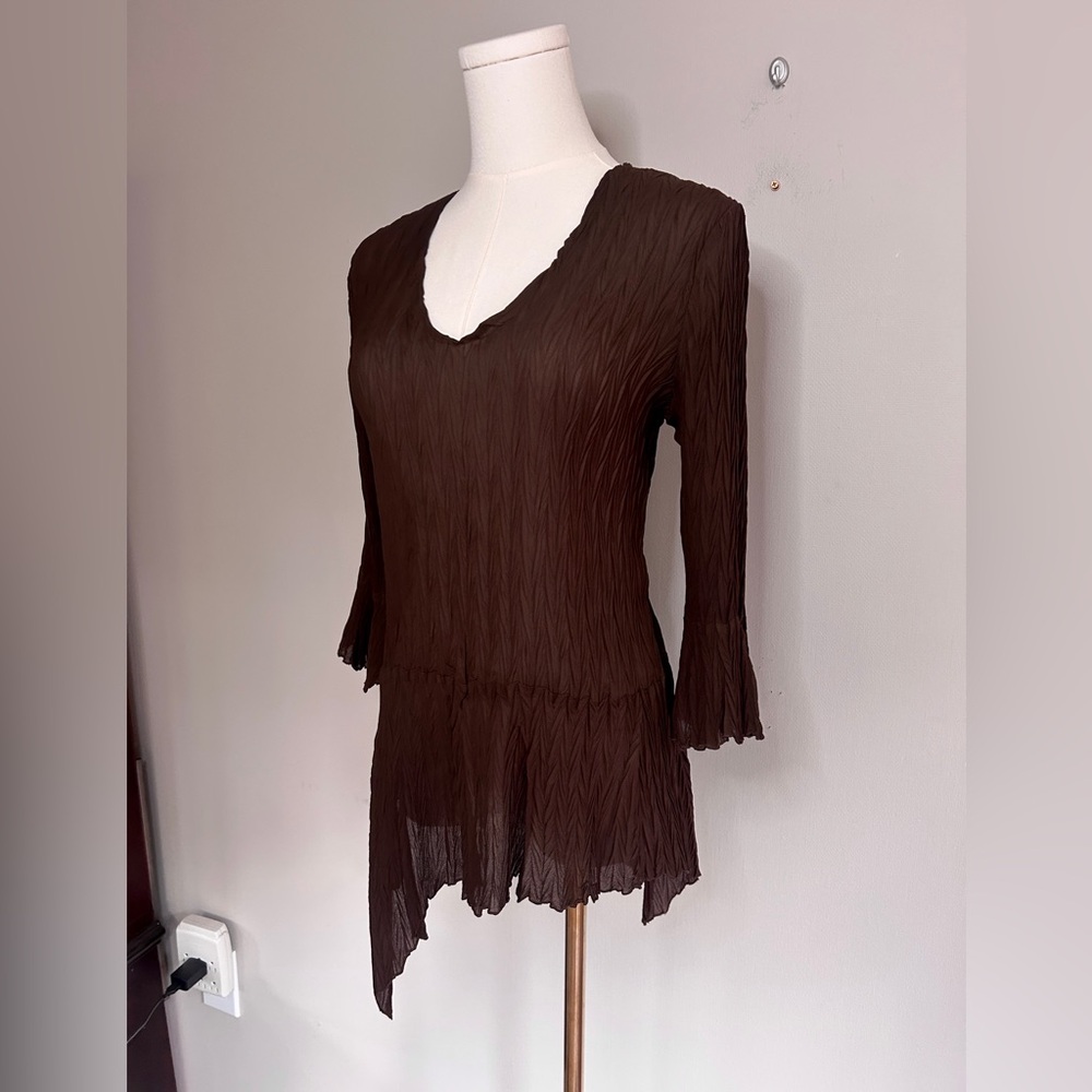 Y2K VINTAGE Brown Asymmetric Bell Sleeve Top Sheer 90s Fairy Grunge Goblin Sz M - Picture 9 of 11